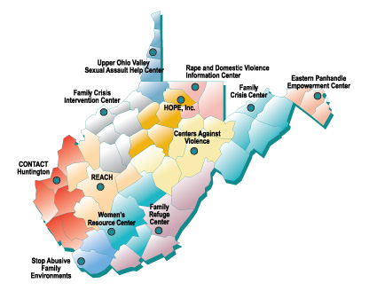 Map of the nine WV Rape Crisis Centers and their corresponding county coverage