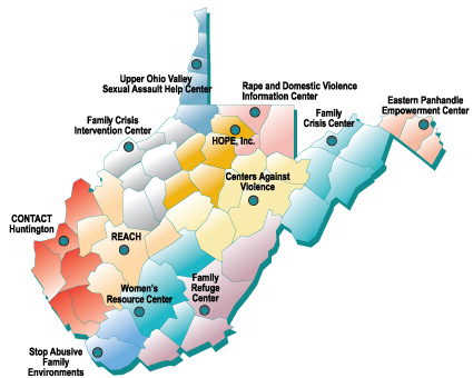 Map of the nine WV Rape Crisis Centers and their corresponding county coverage